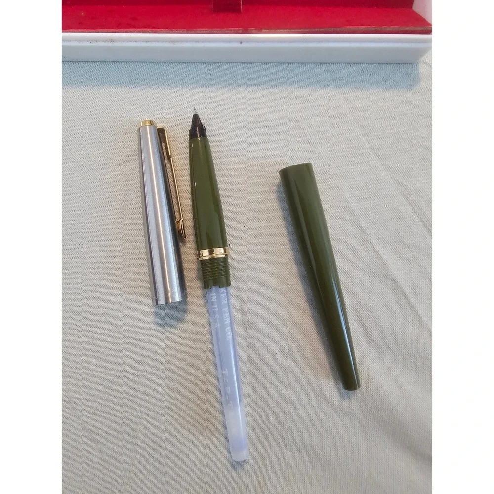 Parker 45 Fountain Pen Olive Green Brushed Steel Gold Trim Made in USA with Case